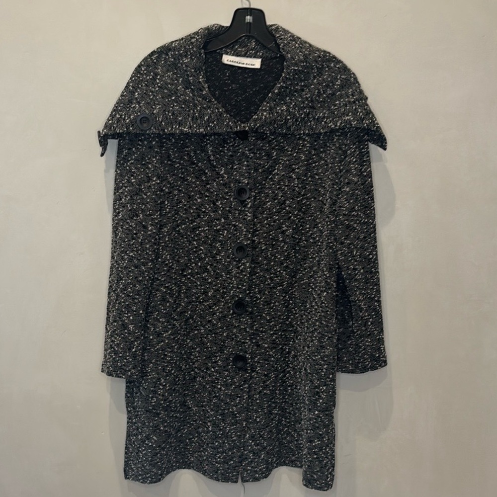 Carolyn Rose Tweed Button Coat Sz L/XL Drop Collar Pockets Textured Black. NWOT